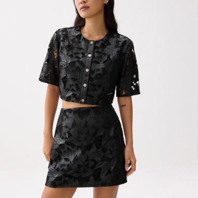 Relaxed Vegan Leather Lace Crop Top
