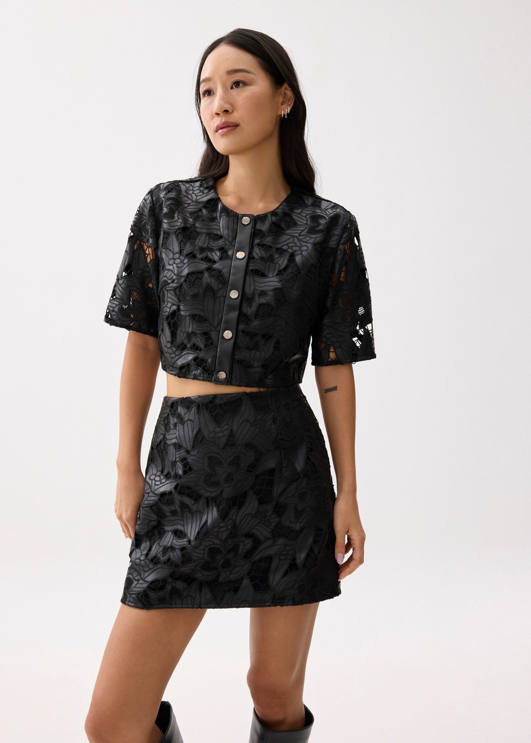 Relaxed Vegan Leather Lace Crop Top