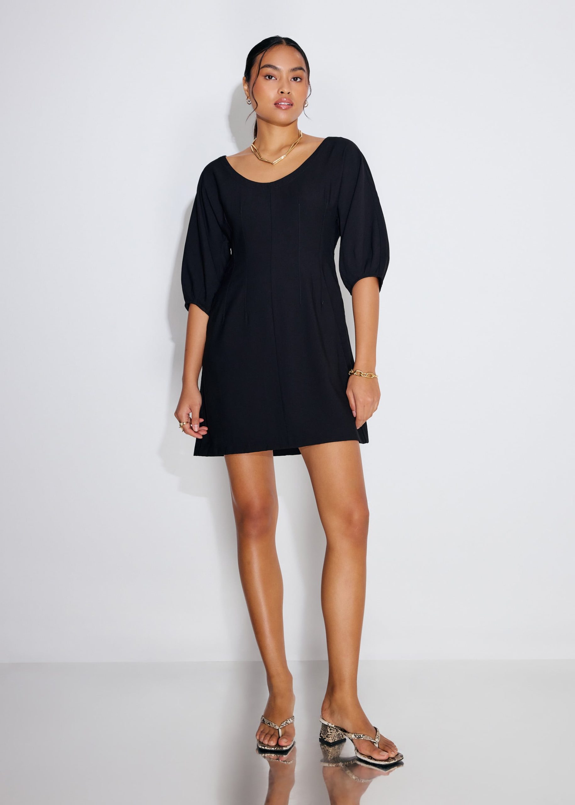 Scoop Neck Puff Sleeve A-Line Mini Dress - Image 2