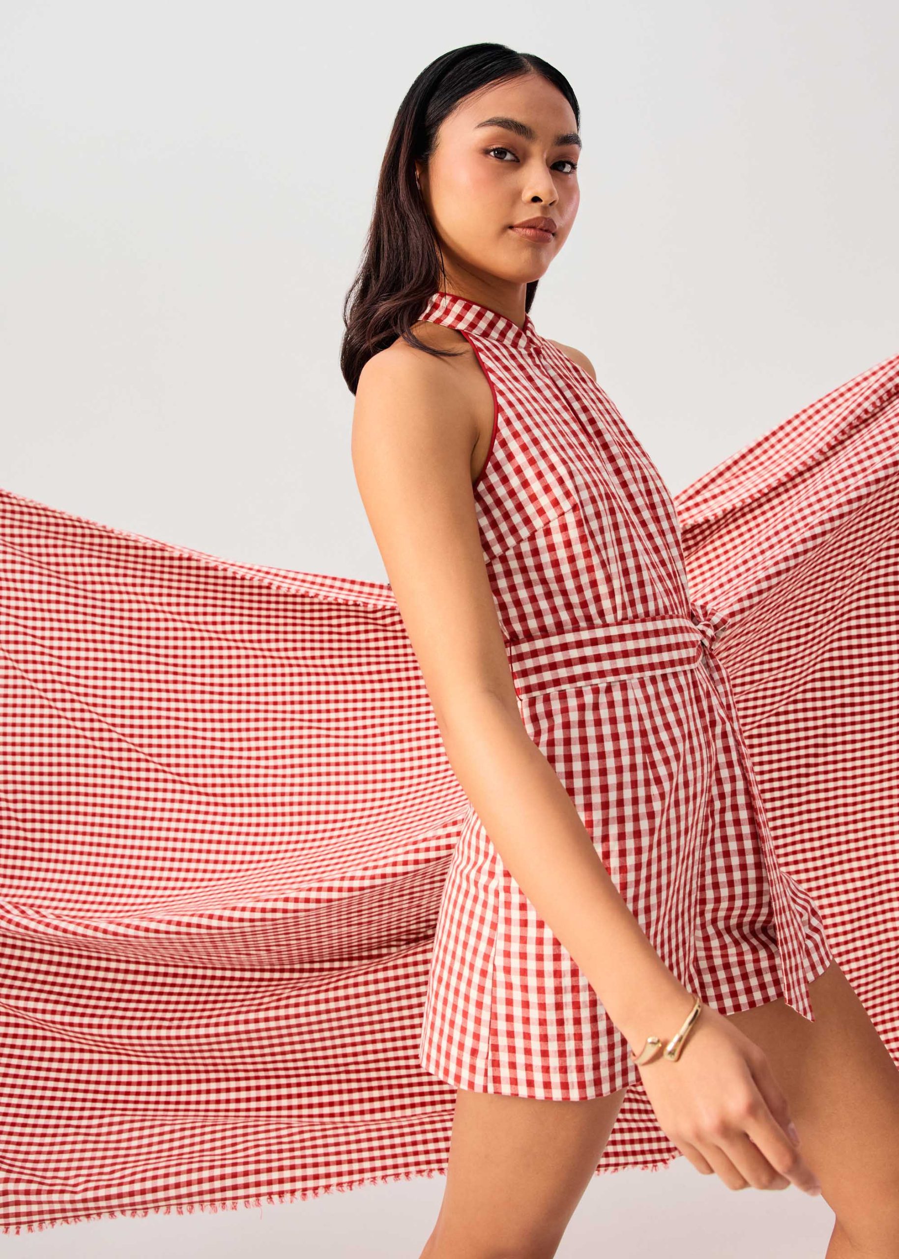 Gingham Cotton Mandarin Collar A-line Romper - Image 9