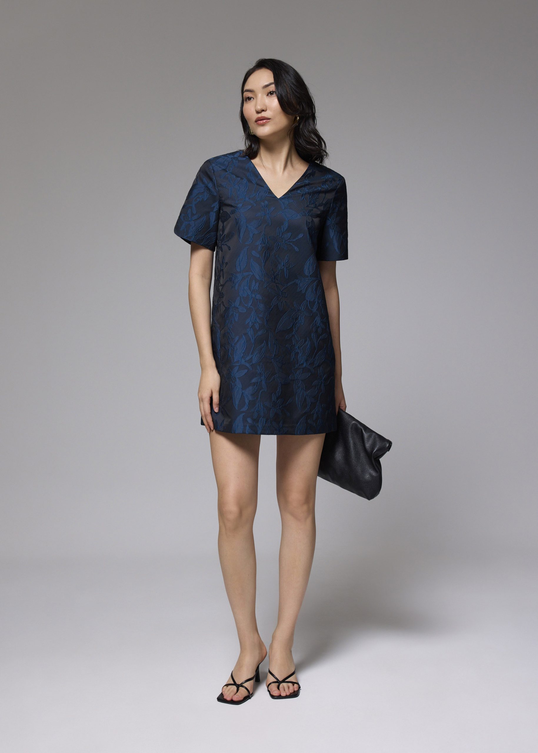 Brocade V-neck Shift Mini Dress - Image 2