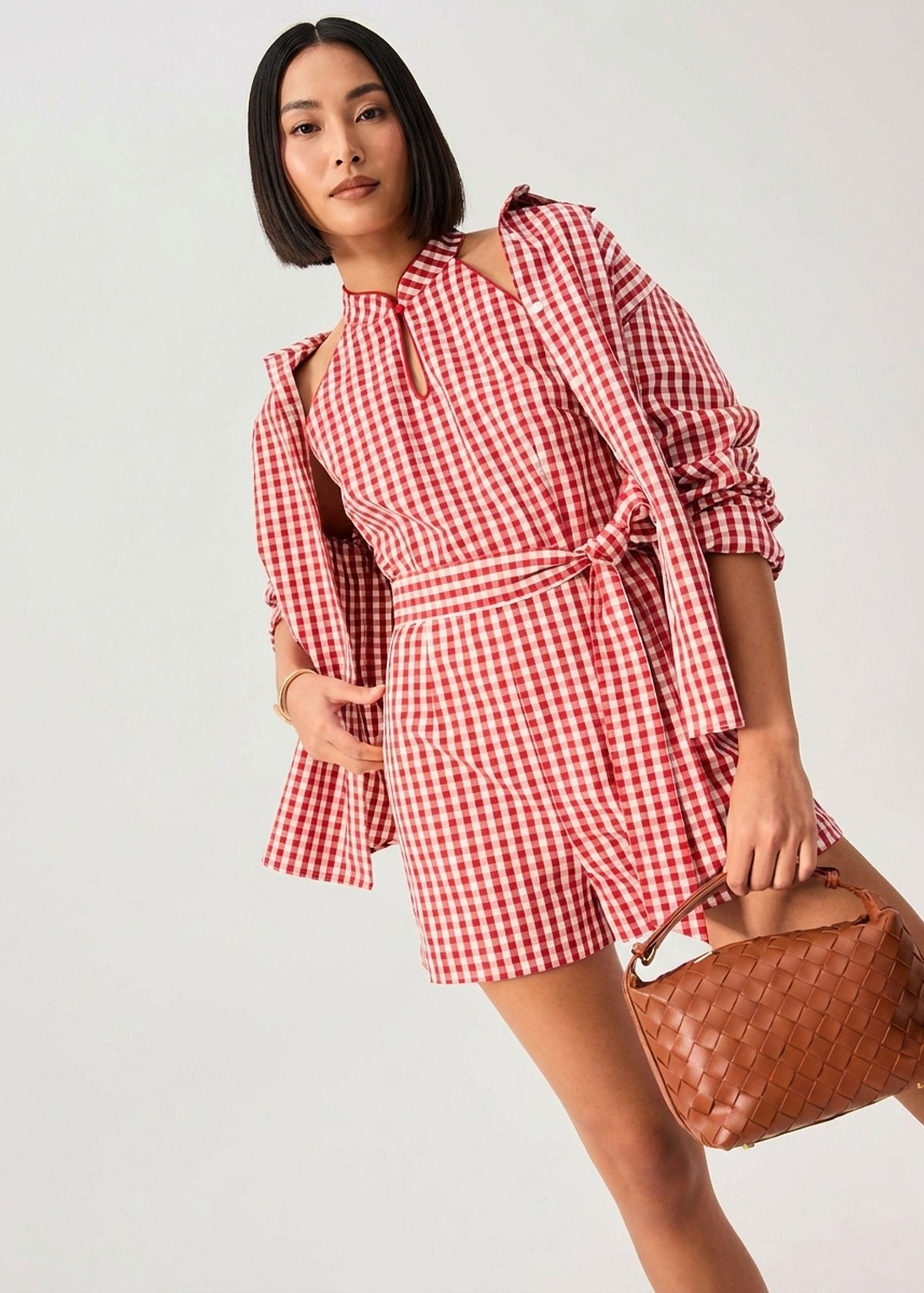 Gingham Cotton Mandarin Collar A-line Romper - Image 2