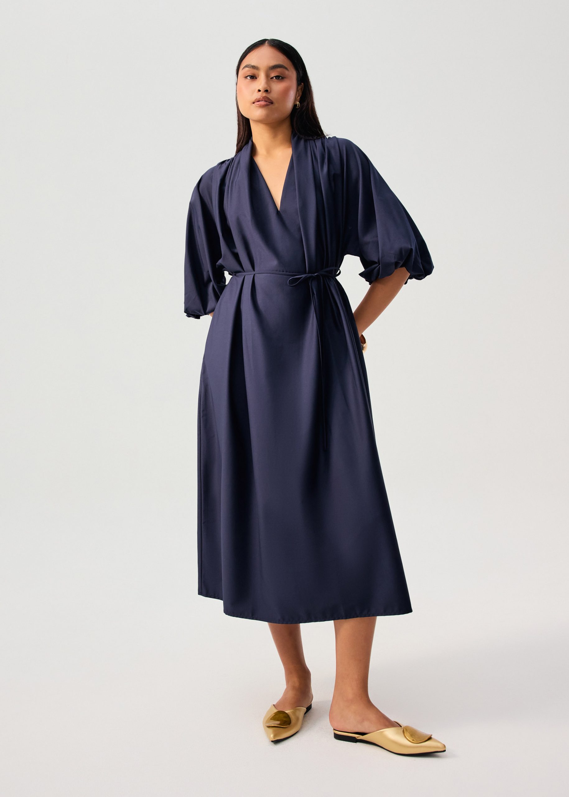 Detachable Sash Tie Puff Sleeve Cocoon Midaxi Dress - Image 6