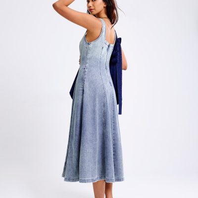 Denim Panelled Sweetheart Midi Dress