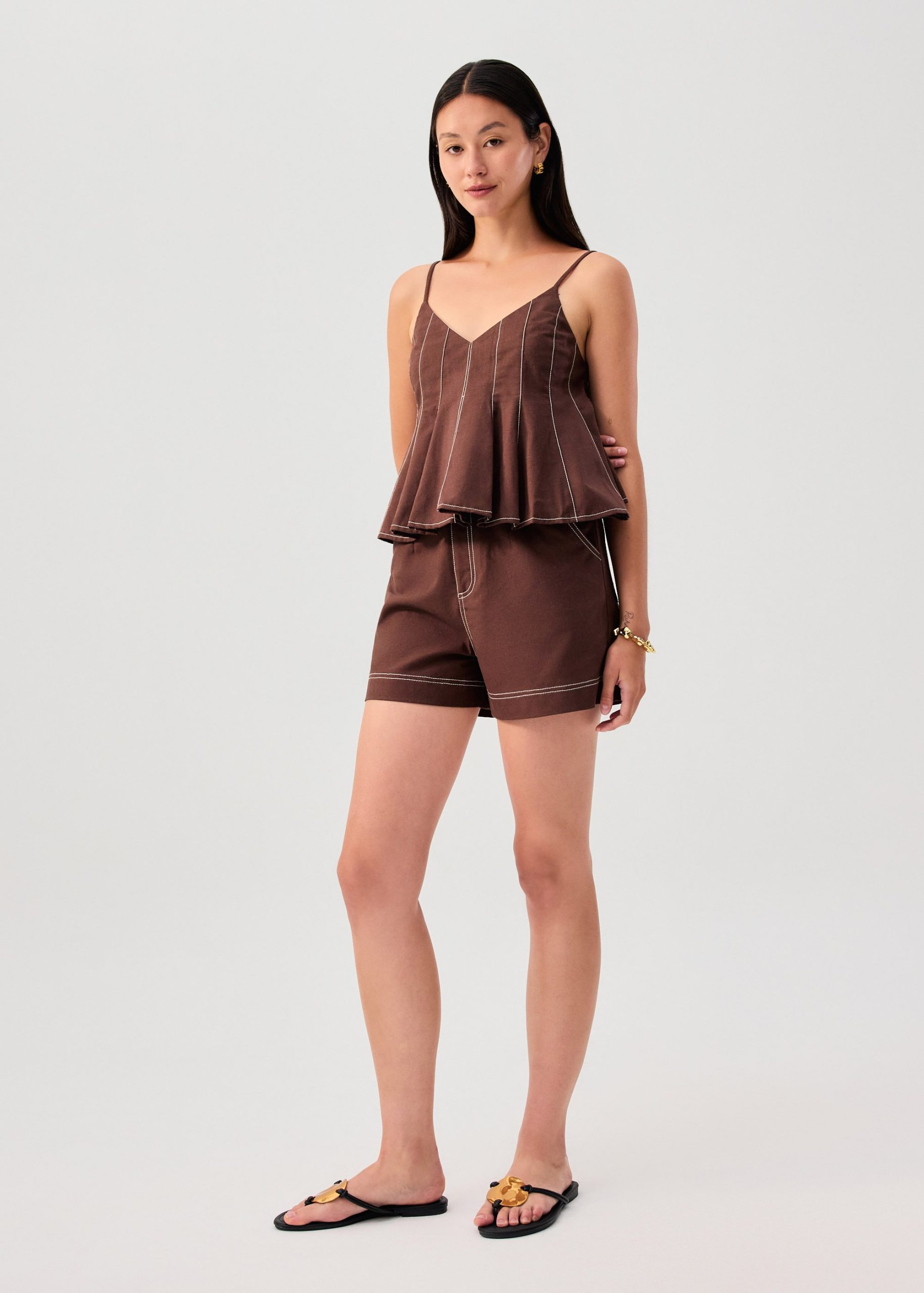 Belted Contrast Stitch High Waist Shorts - Image 28